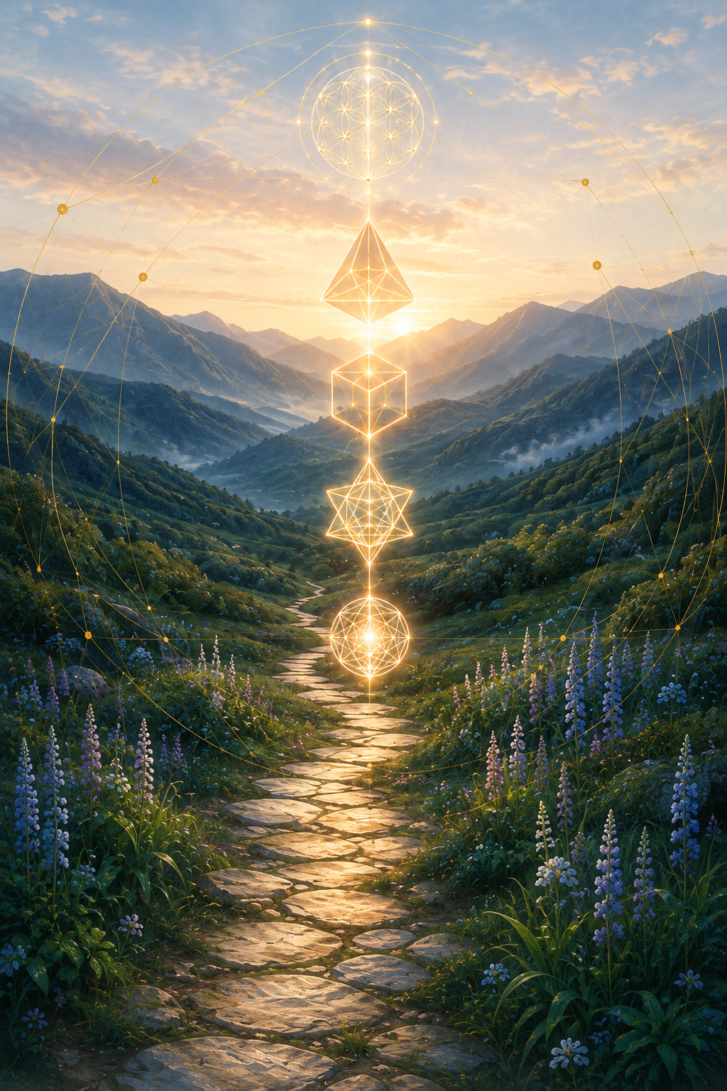 Ilustración de un sendero entre montañas con geometría sagrada luminosa sobre el paisaje