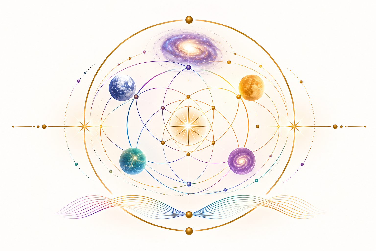 Ilustración de Cosmosciencia Armónica con diagrama circular dorado, órbitas y esferas de colores