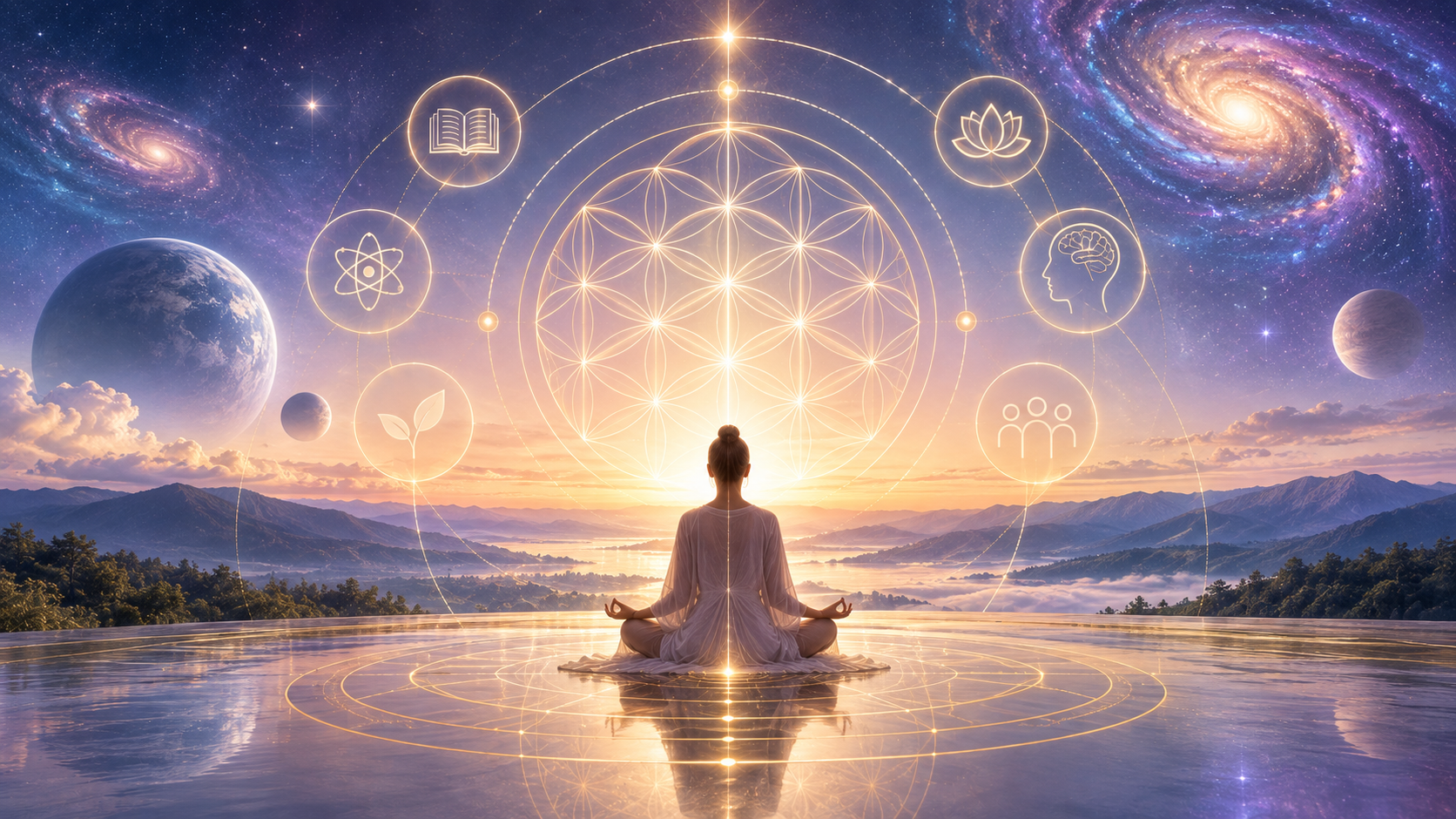 Persona meditando frente a geometría sagrada luminosa con cielo cósmico y montañas