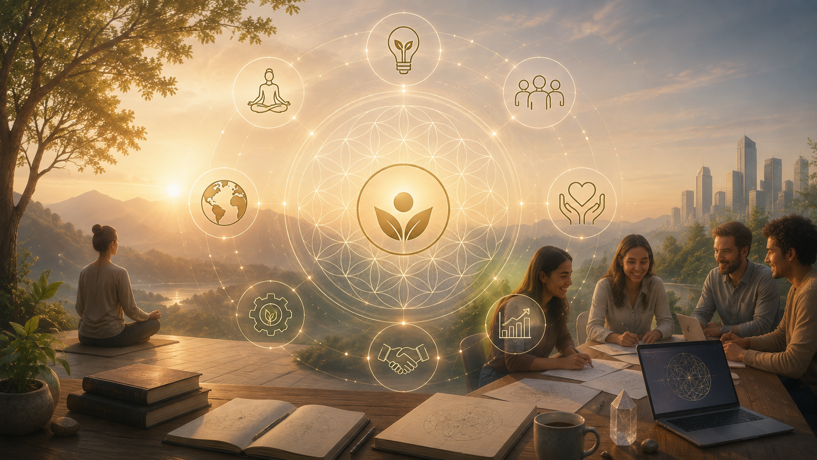 Imagen principal de Nuestra Filosofía con personas colaborando al aire libre y símbolos luminosos de bienestar, innovación y conexión