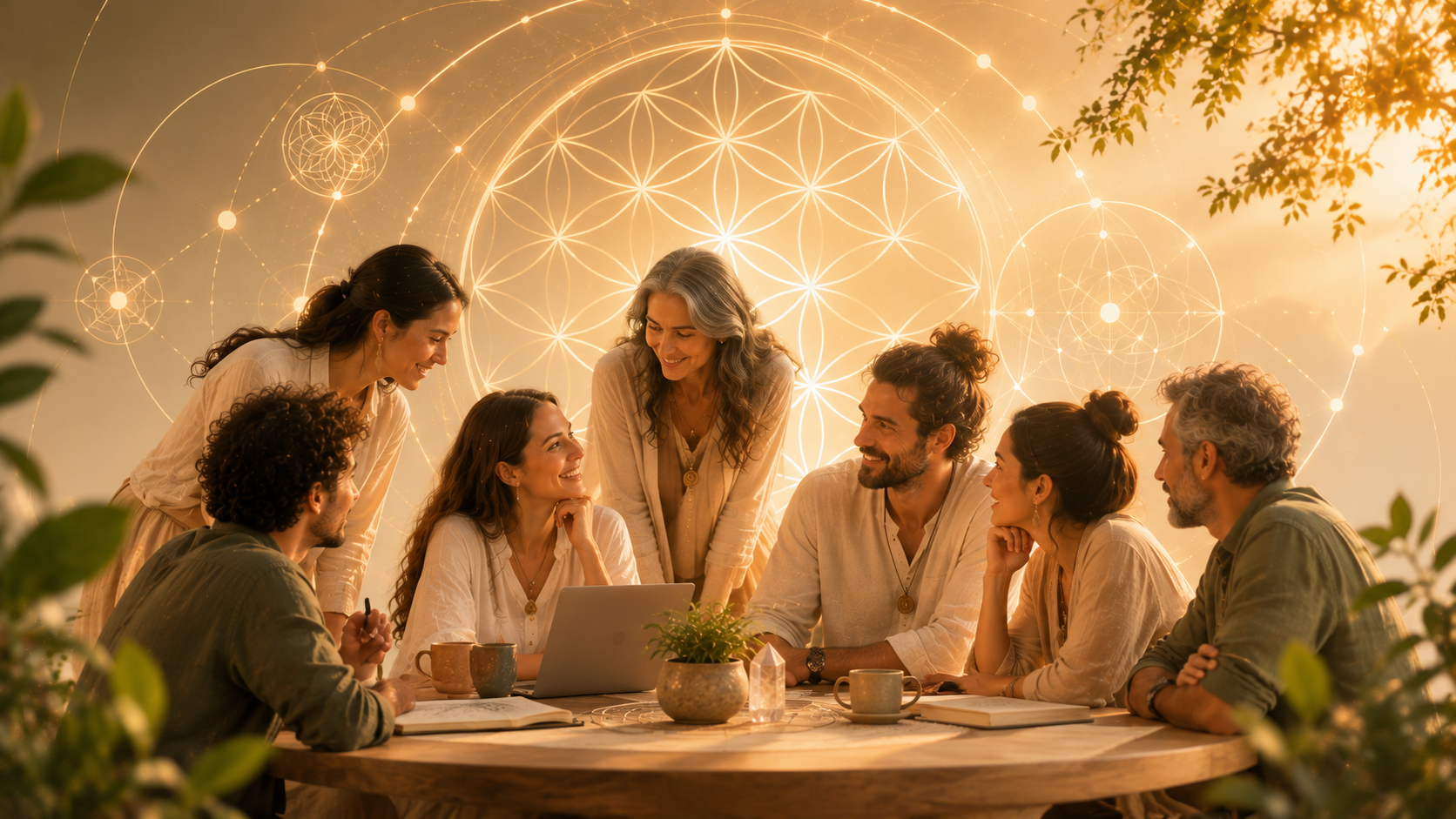 Equipo colaborando alrededor de una mesa al aire libre con geometría sagrada dorada superpuesta