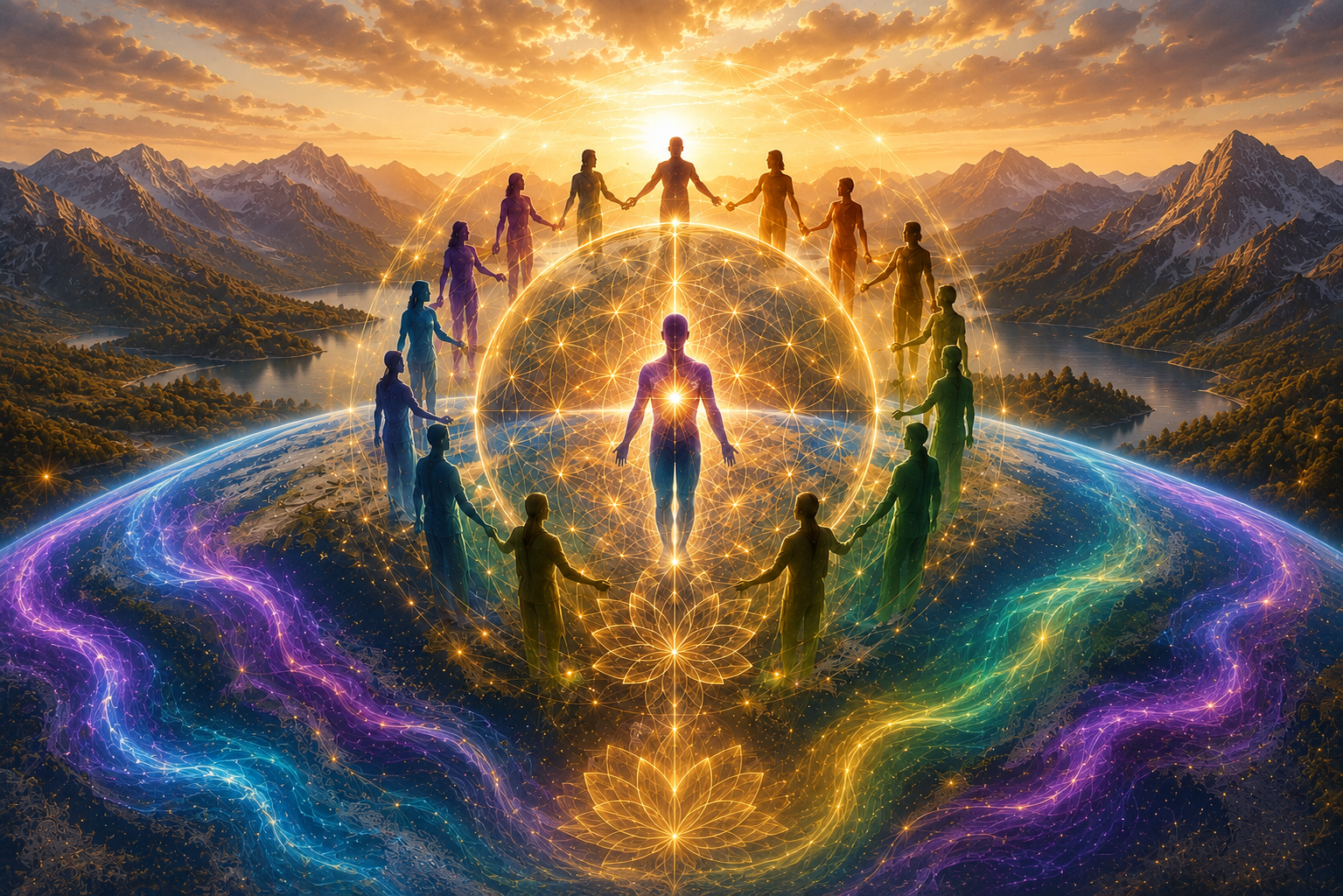 Ilustración de figuras humanas en círculo alrededor de una esfera luminosa con energía multicolor sobre un paisaje montañoso