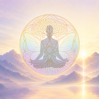 Ilustración simbólica del recorrido con mandala dorado, árbol de la vida y paisaje al amanecer