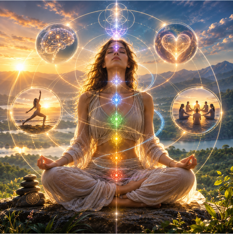 Mujer meditando junto a un lago con geometrías luminosas y símbolos de bienestar integral