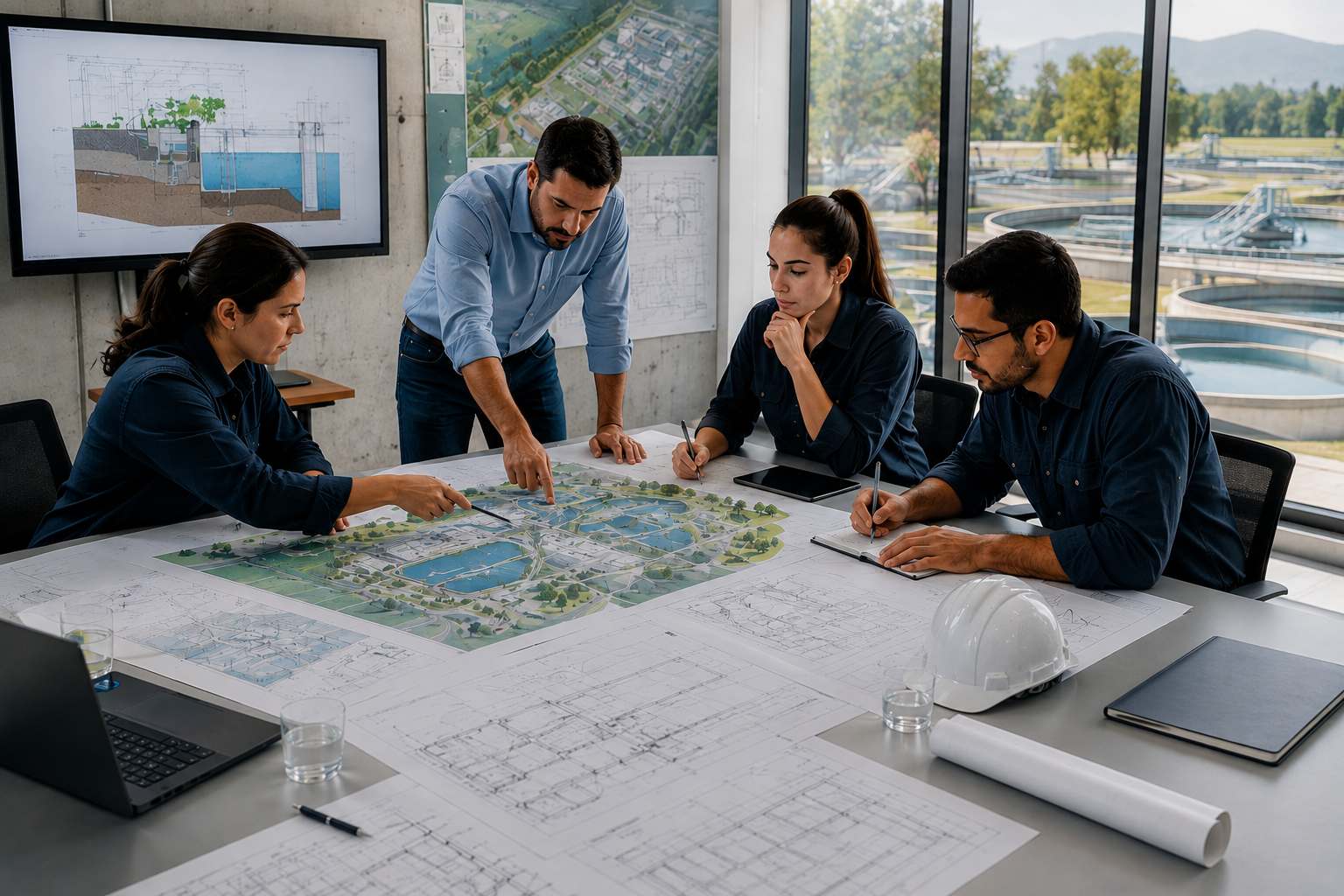 Equipo en oficina colaborando alrededor de un mapa para planificación sostenible