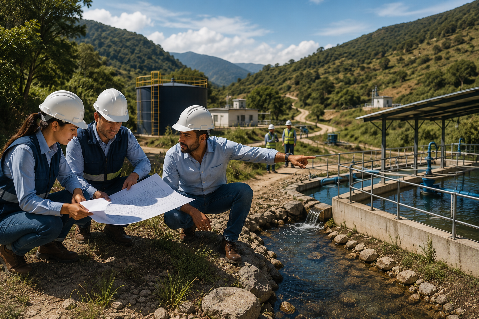 Equipo técnico revisando planos en una instalación de agua y saneamiento al aire libre