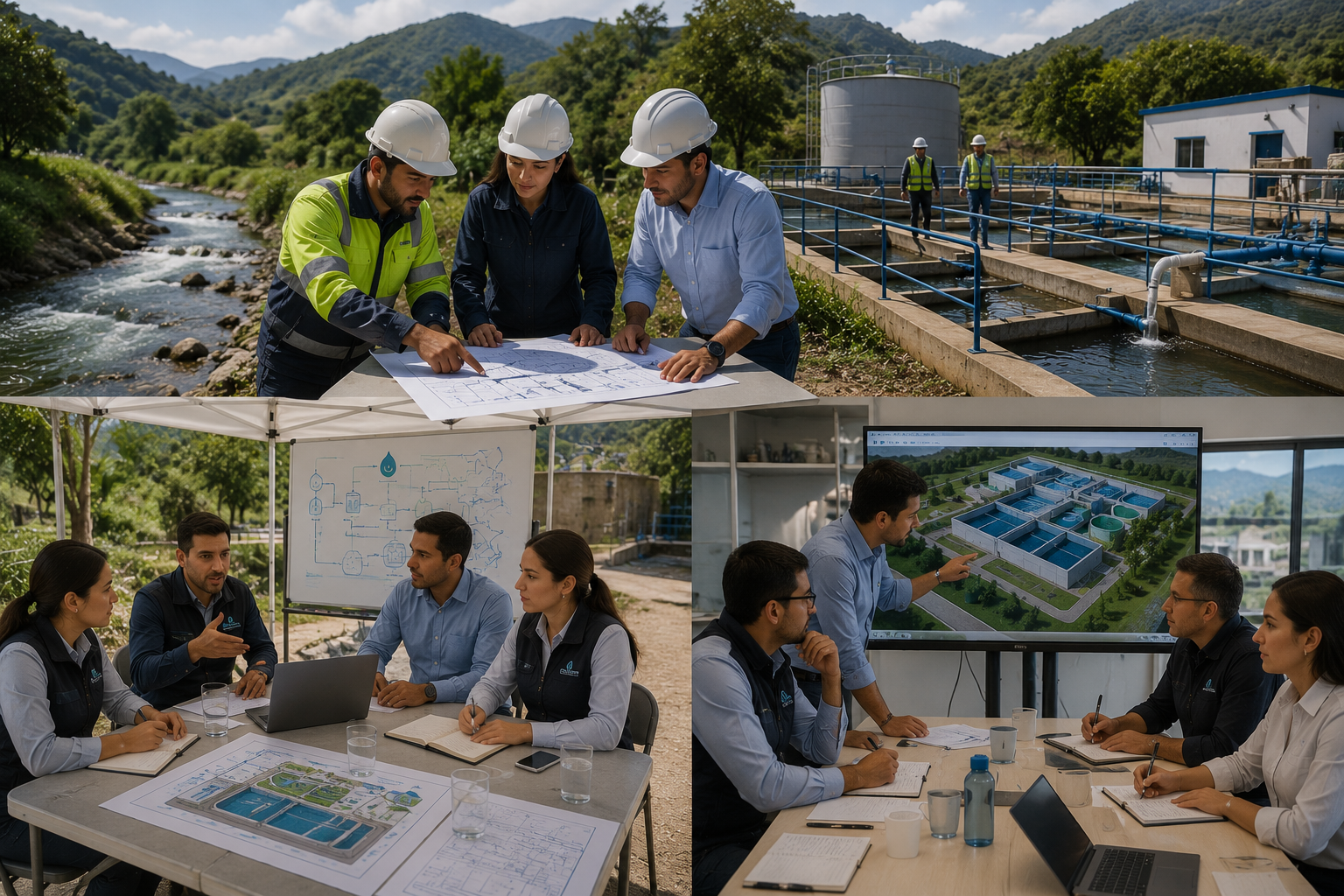 Equipo técnico colaborando en proyectos de agua y saneamiento para acompañamiento estratégico