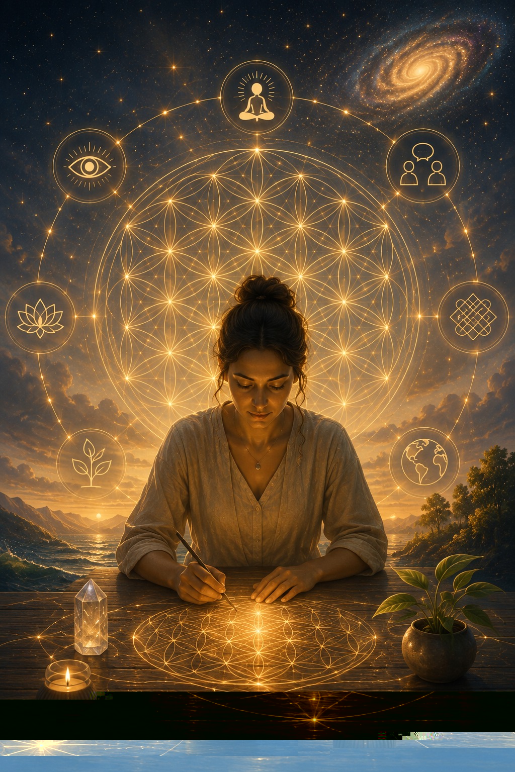 Ilustración de una mujer escribiendo sobre un patrón de geometría sagrada con fondo cósmico