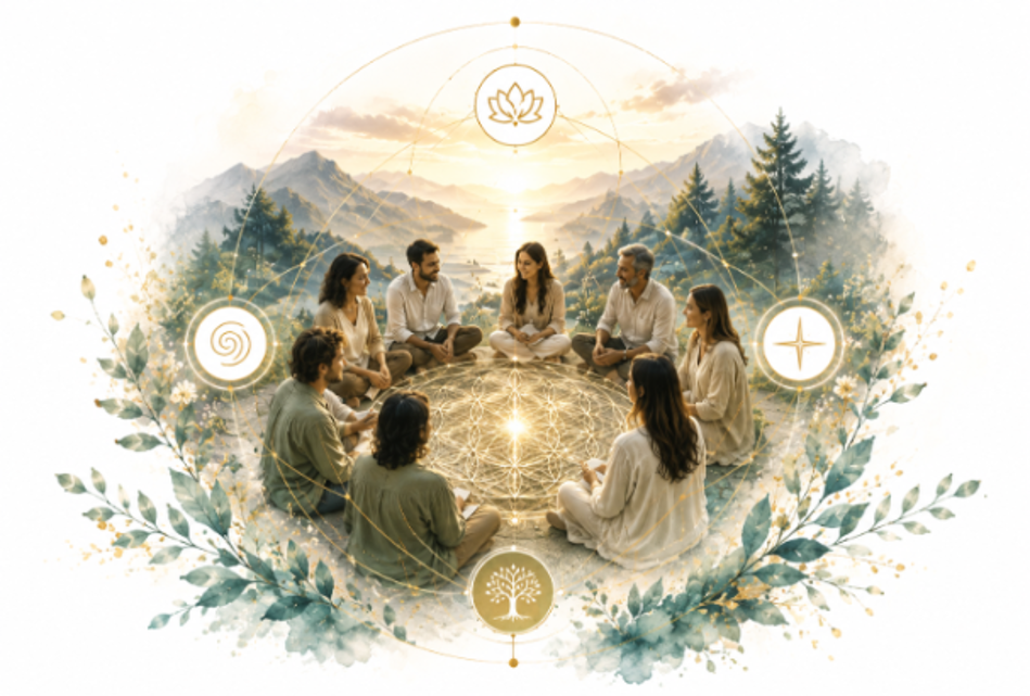 Ilustración de un grupo de personas en círculo en un paisaje montañoso con geometría luminosa y símbolos dorados