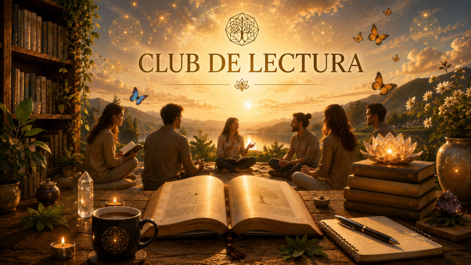 Banner ilustrado de Club de Lectura con personas leyendo y meditando al atardecer
