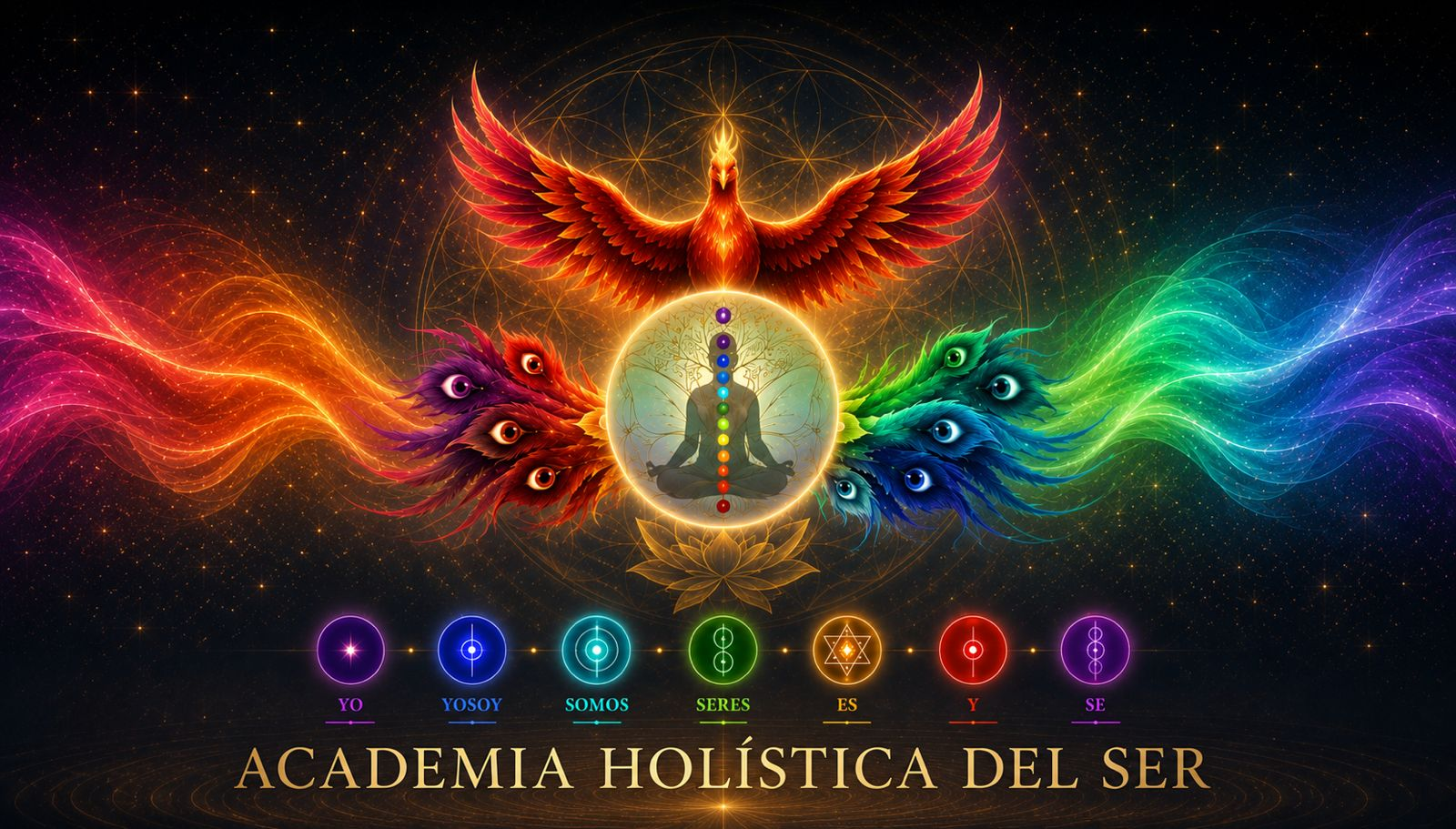 Ilustración Academia Holística del SER con figura en meditación, ave fénix y símbolos de colores